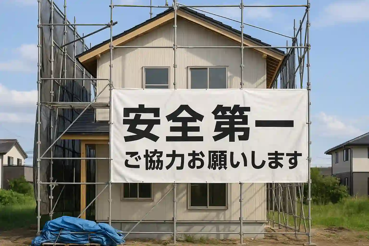 足場幕・建築幕・現場シートが掲示された建築現場のイメージ